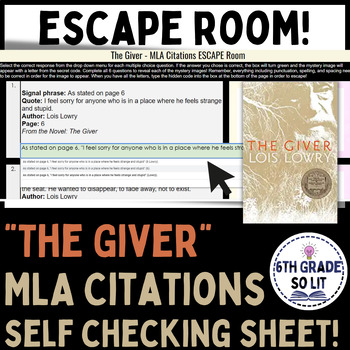 Preview of The Giver - MLA Citation | ESCAPE ROOM Self Checking Worksheet