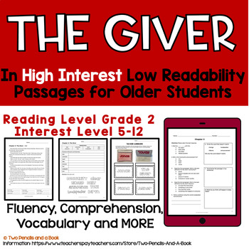Preview of The Giver NOVEL in High Low Reading Comprehension Fluency Passages