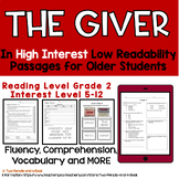 The Giver NOVEL in High Low Reading Comprehension Fluency 