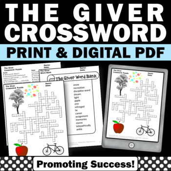 Preview of The Giver Novel Study Crossword Puzzle Reading Comprehension Questions Activity