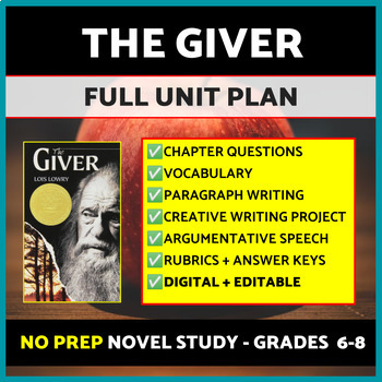 Preview of The Giver Novel Study, Unit Plan, Themes for The Giver Final Projects, Questions