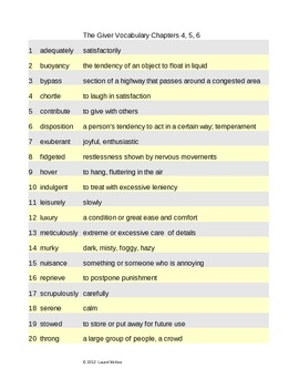 giver the 14-16 vocabulary worksheet chapters for Laurel ESL Giver   The by McKee TpT Vocabulary Students