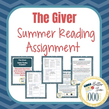 Preview of The Giver by Lois Lowry Summer Reading Assignment Questions and Project