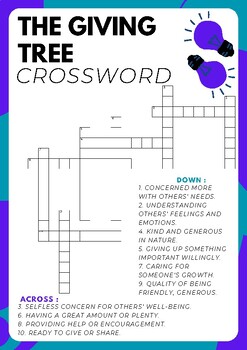The Giving Tree No Prep Crossword Puzzle Worksheet Activity Morning Work