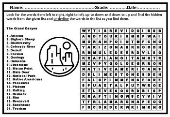 Preview of The Grand Canyon, Word Search Worksheet