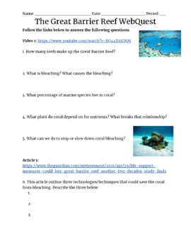 Preview of The Great Barrier Reef and Coral Bleaching WebQuest Activity W/ Key