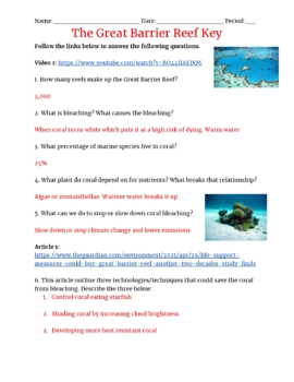 The Great Barrier Reef and Coral Bleaching WebQuest Activity W/ Key