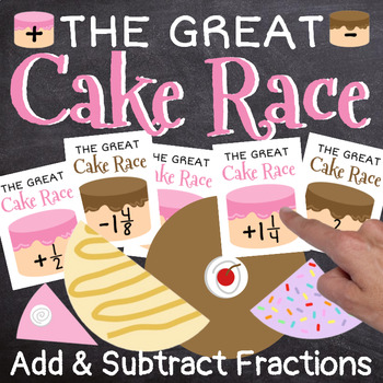 Preview of The Great Cake Race Adding and Subtracting Fractions and Mixed Numbers Game