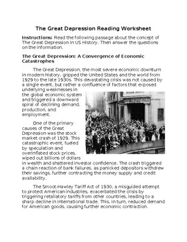 The Great Depression Reading Worksheet w/Answer Key **Editable**