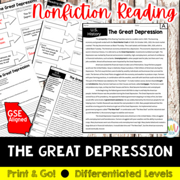 Preview of The Great Depression Reading and Writing Activity (SS5H3, SS5H3a) (SC CCR5.2.CO)