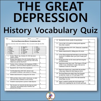 Preview of The Great Depression US History Vocabulary Quiz - Editable Worksheet
