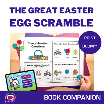 Preview of The Great Easter Egg Scramble Book Companion Print Boom Cards Questions Sequence