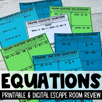 Preview of Solving Equations Escape Room Review - Digital & Printable Activity & Worksheets