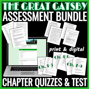 Preview of The Great Gatsby ASSESSMENT BUNDLE | 3 Chapter Quizzes, Test, & Writing Prompts