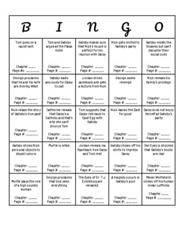 The Great Gatsby Bingo Card