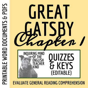 Preview of The Great Gatsby Chapter 1 Quiz and Answer Key (Printable)