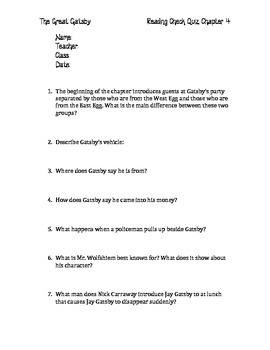 The Great Gatsby Chapter 4 Quiz And Answer Key By Aubrey Barchiesi