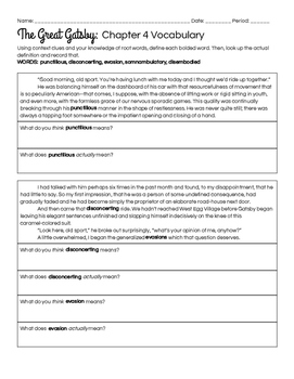 The Great Gatsby Chapter 4 Vocabulary In Context Practice Worksheet