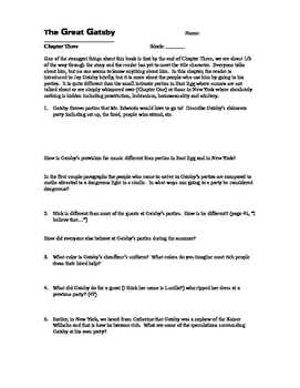 Preview of The Great Gatsby ~ Chapter Three Study Guide and Questions COMMON CORE