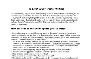 Preview of The Great Gatsby Chapter Writings Assignment: A Journal Project