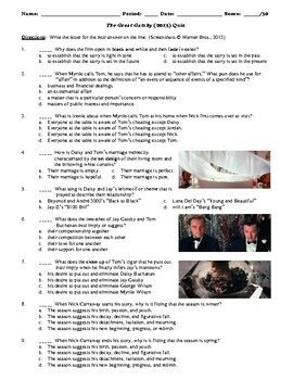 Preview of The Great Gatsby Film (2013) 30-Question Matching and Multiple Choice Quiz