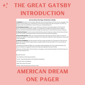 Preview of The Great Gatsby Introduction American Dream One Pager
