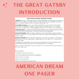 The Great Gatsby Introduction American Dream One Pager