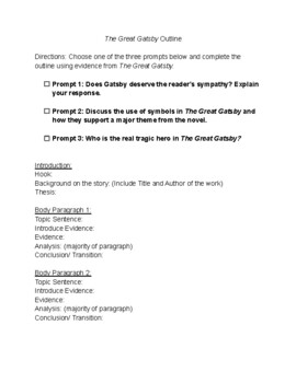 Preview of The Great Gatsby Prompts and Outline