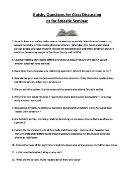 Preview of The Great Gatsby Questions for Class Discussions or for Socratic Seminars