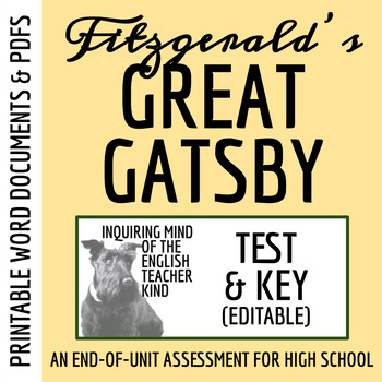 Preview of The Great Gatsby Test and Answer Key (Printable)