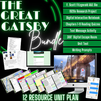 Preview of The Great Gatsby UNIT PLAN | Digital Notebook, 1920s Project, Escape Room, &Test