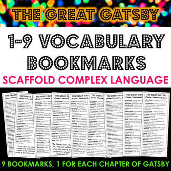 Preview of The Great Gatsby Vocabulary Bookmarks: Scaffold Language & Comprehension!