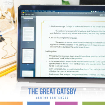Preview of The Great Gatsby Vocabulary, Mentor Sentences Grammar, & Language