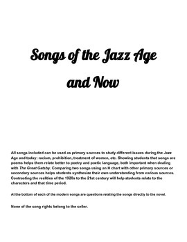 Preview of The Great Gatsby song analysis- Jazz Age and present eras