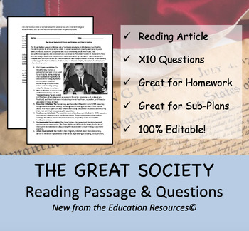 Preview of The Great Society - Reading Comprehension Passage & Questions