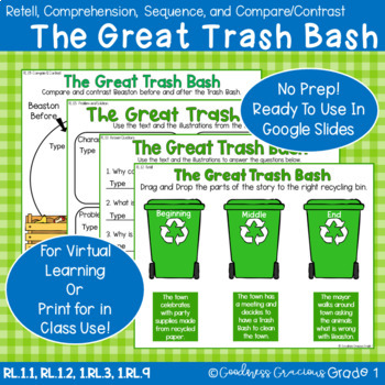 Preview of The Great Trash Bash Retell, Comp, Compare/Contrast, and Drag/Drop Sequencing