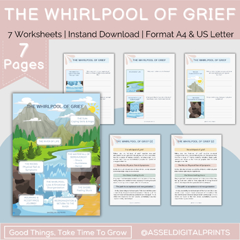 Preview of The Grief Whirlpool Worksheets, Stages of Grief, Grief and Loss Journal,Narrativ