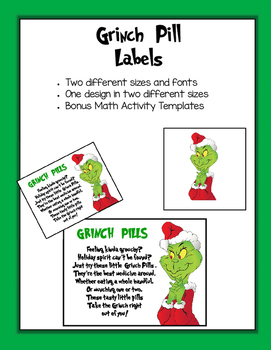 Grinch Day Grinch Pill Labels & Math Workmats by Melicety | TpT