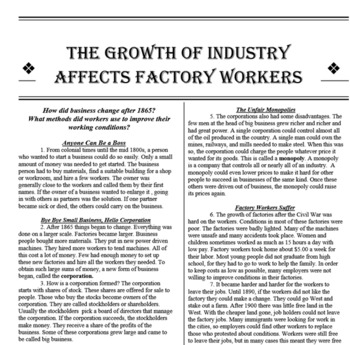 Preview of The Growth of Industry Affects Factory Workers Reading