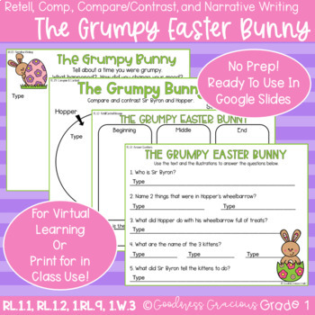 Preview of The Grumpy Easter Bunny Retell, Comprehension, Compare/Contrast, and Writing