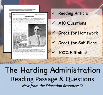 Preview of The Harding Administration - Reading Passage Worksheet & Ten Questions