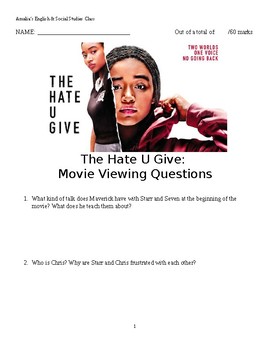 Preview of The Hate U Give - Basic Movie Viewing Questions
