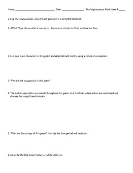 Preview of "The Highwayman" Worksheet (or Test) with Detailed Answer Key