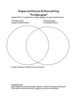Preview of The Highwayman: Compare and Contrast the poem and song