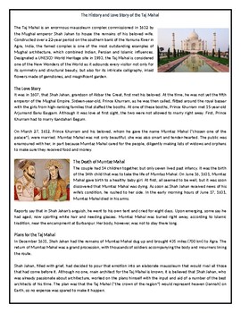Preview of The History and Love Story of the Taj Mahal - Reading Comprehension Worksheet /