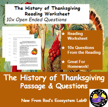 Preview of The History of Thanksgiving Fall Reading Worksheet **Editable**