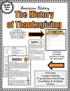 Preview of The History of Thanksgiving Reading Comprehension Self-Grading or Printable!