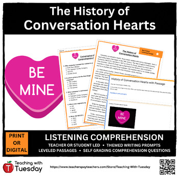 Preview of The History of Valentine Conversation Hearts ❤️ Listening Comp Passages w/ Audio