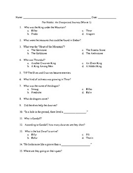 Preview of The Hobbit An Unexpected Journey Movie Worksheet