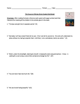 Preview of The House on Mango Street Quote Interpretation Worksheet with Answer Key